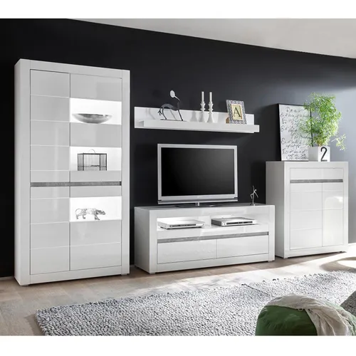 Lomadox Wohnwand COGO-61, Mega-Spar-Set in Weiß Hochglanz - Moderne Wohnwand COGO-61 in Hochglanz weiß mit Betonoptik, inklusive LED-Beleuchtung. Viel Stauraum und pflegeleichte Oberflächen für ein elegantes Wohnzimmer.