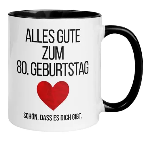 Geburtstag Frau Mann Geschenk Tasse | Alles Gute zum 80. Geburtstag – Schön dass es dich gibt | Lustige Geschenk Geburtstagstasse mit Spruch | 80ter Geburtstag - Witziges Geburtstagsgeschenk 80