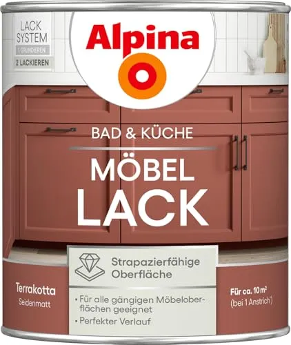 Alpina Bad & Küche Möbel-Lack Terrakotta – seidenmatter Lack für Möbel - Möbelfarbe, seidenmatt und feuchtraumgeeignet, perfekt für die kreative DIY-Renovierung von Bad- und Küchenmöbeln aus Holz und MDF.
