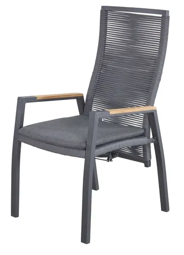 OUTDOOR Gartensessel mit verstellbarem Rücken - Kumaso 249364 in anthrazit, aus robustem Aluminium und elegantem Rope. Ideal für entspannte Stunden im Garten, inklusive bequemem Sitzkissen und stilvollen Teak-Armlehnen. Max. Belastbarkeit 110 kg.
