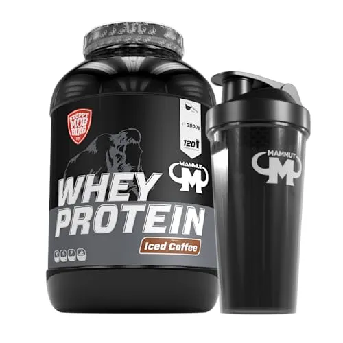 Mammut Whey Protein Eiweißshake 3kg - Iced Coffee & Shaker Set - Hochwertiges Wheyprotein für Muskelaufbau und Erhalt. 120 Portionen mit perfekter Löslichkeit in Wasser oder Milch. Ideal für Sportler, die ihre Proteinaufnahme steigern möchten.