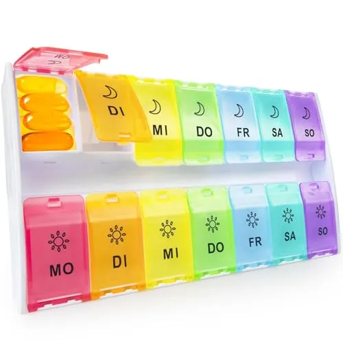 Tablettenbox 7 Tage Große Fächer, Pillendose 14 Tage 2 Fächer, Morgens Abends Medikamentenbox 14 Fächer mit Scharnierdeckel-Design, Tabletten Organizer für Fischöl, Nahrungsergänzungsmittel