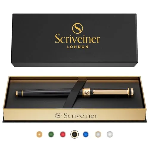 Scriveiner Tintenroller Hochwertiger Tintenroller mit Echtvergoldung, schwarze Schmidt Ersatzmine, Geschenkbox, Büro set, Schöne Professionelle Kugelschreiber (Schwarz) Luxury Pen
