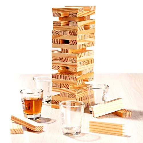 Trink Partyspiel Mit 60 Holz Bauklötzen und 4 Shotgläsern Trinkspiel Wackelturm