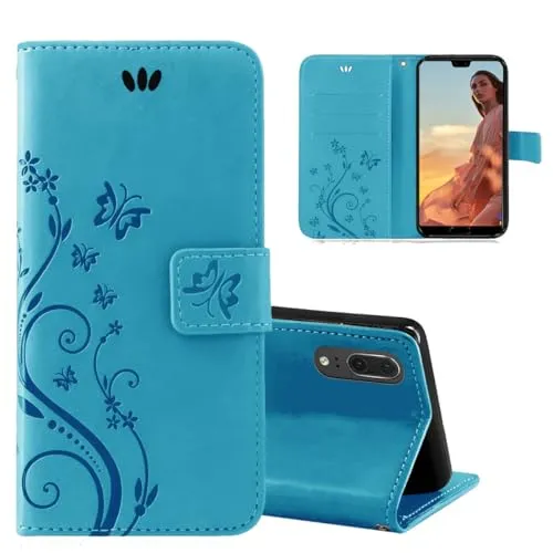 betterfon Hülle Kompatibel mit Huawei P20 | Premium PU Leder Handyhülle Wallet Case für P20 | Schutzhülle Blumen Klapphülle Handyhülle | Blau