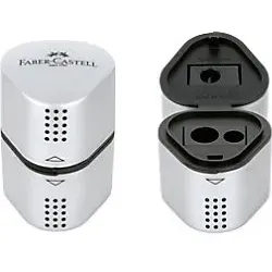 Faber-Castell Grip 2001 Spitzer 183800, silber, dreifacher Dosenspitzer - Praktischer 3-in-1 Bleistiftspitzer für Dreieck-, Rund- und 6-Eck-Stifte. Mit extra großem Spänebehälter und ergonomischem Design für komfortables Arbeiten.