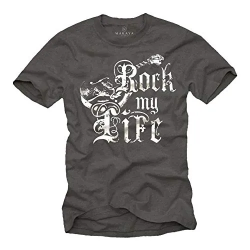 MAKAYA Vintage Band T-Shirt für Herren Grau Rock My Life Gitarre Größe M
