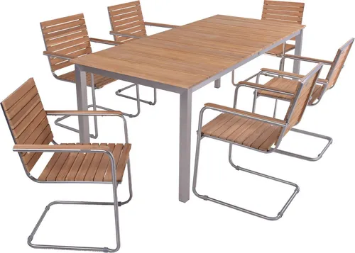 Tischgruppe DALLAS/DENVER Set 05, 5-tlg. - Elegante Gartenmöbel für stilvolle Outdoor-Essbereiche - Gartenmöbel-Sets mit robustem Teakholz und edlem Edelstahl. Ideal für entspannte Mahlzeiten im Freien, bietet Platz für 4 Personen.