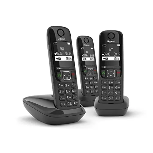Gigaset AS690R Trio DECT Telefon Schwarz - Festnetztelefon mit drei Handgeräten, bietet klare Sprachqualität und erweiterte Reichweite für Ihr Zuhause.