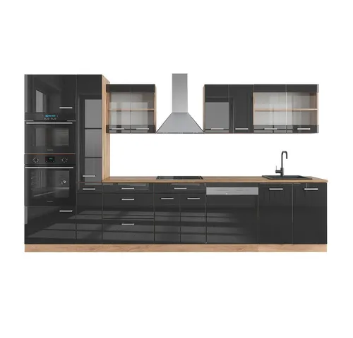 Vicco Küchenzeile R-Line 350 cm in Eiche Anthrazit Hochglanz - Küchenzeilen mit hochwertigem Material für höchsten Komfort und pflegeleichte Nutzung. Variabel aufstellbar, ideal für kreative Küchengestaltung.