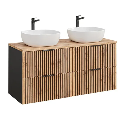 Lomadox Waschtisch XANTEN-56, 120 cm mit zwei Waschbecken - Moderne Waschtische in anthrazit mit Eiche NB. und schwarzer Rillung. Ideal für Paare oder Familien mit viel Stauraum durch vier Softclose-Schubladen. Gestalte dein Bad stilvoll und funktional!