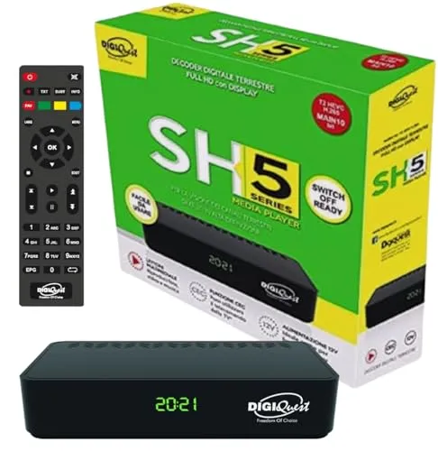 Digiquest SH5 HEVC H.265 DVB-T2 HD DVB-T2 Receiver DVB-T2 Chipsatz 10bit Full HD FTA, Tuner, DVB-T2 Digital Terrestrischer Decoder, USB, HDMI, SCART, Ethernet LAN RJ-45, schwarz, Kunststoff