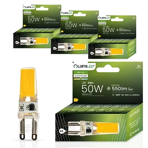 Lumiled LED Lampen G9 4er Set Leuchtmittel 5W (ersetzt 50W Glühlampe) 4000K Neutralweiß 550lm 360° Lichtwinkel 230V Glühbirnen kleine Birne Energiesparende kein Flackern COB Lichtquelle
