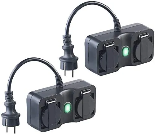 Luminea Home Control Alexa Steckdosen aussen: 2er-Set 2-fach-WLAN-Outdoor-Steckdose, App, Sprachsteuerung, 16A, IP44 (Smart-Steckdosenleiste, Steckdosen mit Klappdeckeln, Weihnachtsbaumbeleuchtung)