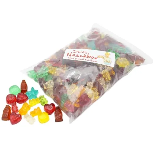 Deine Naschbox | Zuckerfreier Fruchtgummi 4 Sorten Mix | 1kg Nachfüllbeutel | Minimale Verpackung 100% recyclebar - XL Großpackung - Cola - Frucht