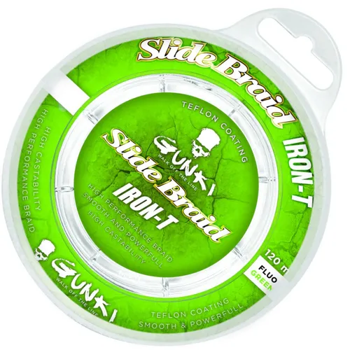 Gunki Slide Braid Iron-T Fluo Green - 120m geflochtene Angelschnur - Hochwertige geflochtene Angelschnur für Raubfischangeln, Fluo Grün, rundes Profil, Teflon-Oberfläche für hohe Wurfweiten und nahezu keine Dehnung. Ideal für intensives Power-Fishing, 120m Lauflänge.