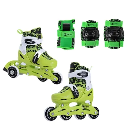 Madivo Dino Set 2in1 Inliner/Triskates VERSTELLBAR | ABEC-5 Rollschuhe | Inlineskates umbaubar zu Rollschuhe | Grün/Schwarz | Größen: 26-29, 30-33 (M (34-37) - Set MIT SCHONER)