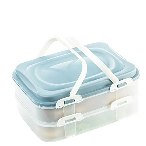 Kuchen transportbox, Cupcake, Muffin Party Container Kuchenbehälter Lebensmittel Transportbox XL mit 2 Etagen und klappbaren Griffen, Farbe: Blau