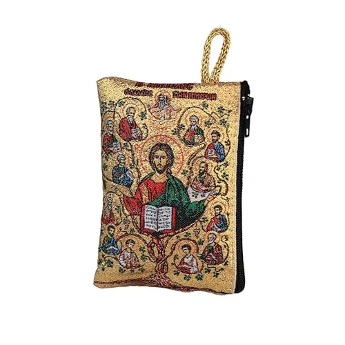 NKlaus Rosenkranz Tasche 7x10cm – Jesus Baum des Lebens, goldbestickt mit Reißverschluss und Schlaufe – religiöses Etui für Gebet und spirituelle Andacht