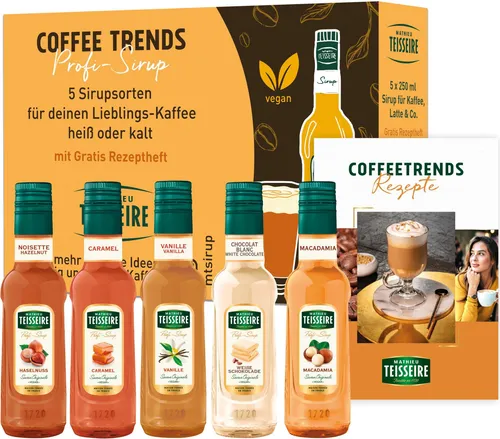 Teisseire Sirup Set - Caramel, Haselnuss, Macadamia, Vanille & Weiße Schokolade 0,25L - Vielfältiges Sirup Set mit 5 exquisiten Geschmacksrichtungen, ideal zum Verfeinern von Getränken und Desserts für unvergessliche Genussmomente.