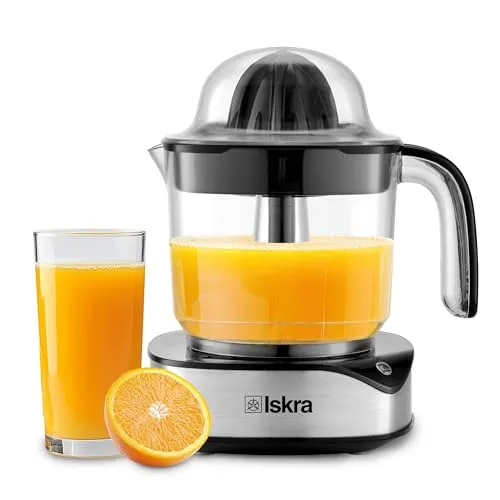 Iskra Zitruspresse Edelstahl 1,2L Orangenpresse elektrisch, Saftpresse für Zitrusfrüchte, 2 Presskegel, 40W