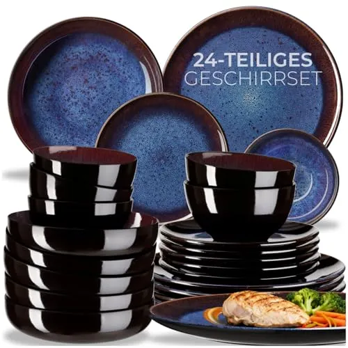 tectake® 24-teiliges Tafelservice 6 Personen, Steingut Geschirrset 6 Personen, handgefertigtes Teller Set mit Schüsseln, Geschirr Set spülmaschinen- und mikrowellengeeignet - Abyss Blue