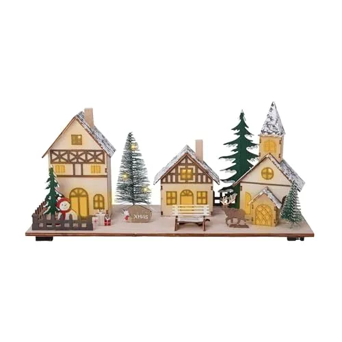 LED Holz Weihnachts Dorf Szene - 34 x 16 cm - Tischdeko Winterstadt beleuchtet - Weihnachtsszene Tischdekoration Weihnachtsdeko beleuchtet