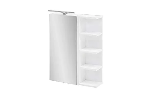 Schildmeyer Matteo Spiegelschrank 156967, kreideweiß, Made in Germany - Spiegelschrank für das Bad mit 1 Tür, 4 offenen Regalfächern und energiesparender LED-Beleuchtung. Hohe Funktionalität durch höhenverstellbare Glaseinlegeböden und einfache Montage.