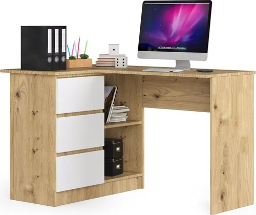 Eck-Schreibtisch AKORD B16 - Kompakter Schreibtisch in Eiche Artisan - Kinderschreibtisch AKORD B16 mit 3 Schubladen und 2 Ablagen, ideal für Home Office oder Studium. Pflegeleichte Oberfläche & einfache Montage für maximale Funktionalität.