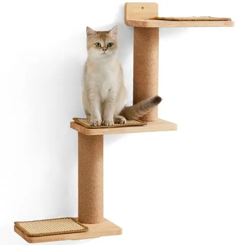 FUKUMARU Kletterwand Katzen, Wandregale aus Massives Gummiholz und Jute, 3 in 1 Transformable Katze Kratzbaum Wand montiert, DIY Katze Wand/Plattform, Anzug für Katzen Klettern, Spielen, Kratzen