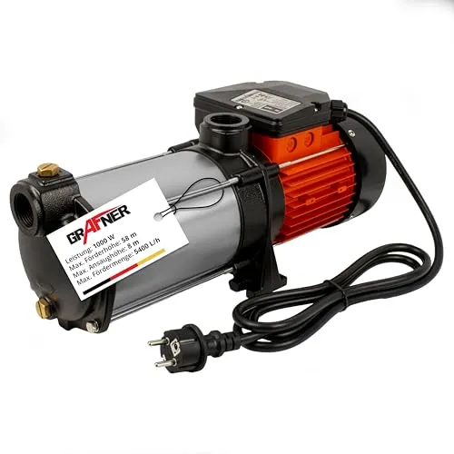 Grafner Premium Kreiselpumpe 5400 l/h, 1000 Watt, 58m Förderhöhe - Leistungsstarke Kreiselpumpe mit bis zu 5400 l/h, ideal für Gartenbewässerung und Brunnen. Robustes Edelstahlgehäuse sorgt für zuverlässigen Betrieb und hohe Effizienz.