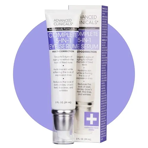 Advanced Clinicals 5-in-1 Multi Correction Anti-Aging Eye Serum with Retinol, Collagen, Vitamin C, and Manuka Honey. For dark circles, wrinkles, crow's feet, fine lines. Large 2oz airless tube.