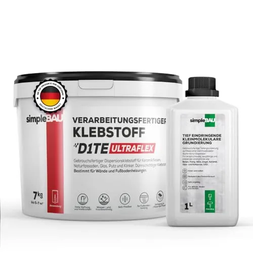simpleBAU Fertigfliesenkleber 7KG Universal Kleber für Gipskartonplatten + 1L Grundierung Osb-Kleber für schwierige Untergründe Kleber Fußbodenheizung für Keramik Stein