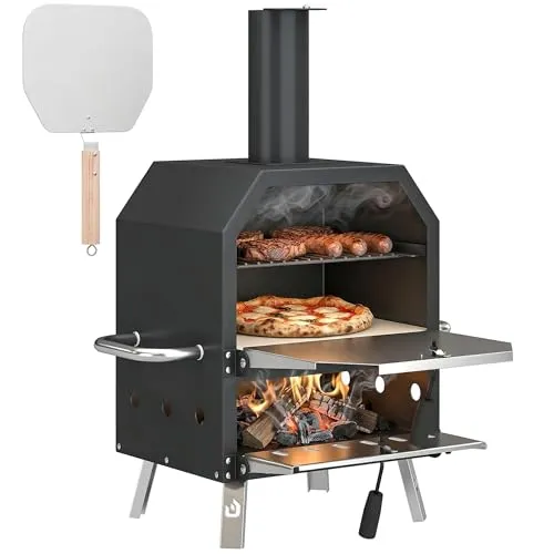 Outsunny Outdoor Pizzaofen Holzbefeuerter Pizza Ofen Edelstahl 2 Ebene Backofen mit 1cm dick Pizzastein Luftöffnung Klappbein Pizzaschaufel Griff Tragbarer Holzofen Pizzaöfen für Camping Garten Party