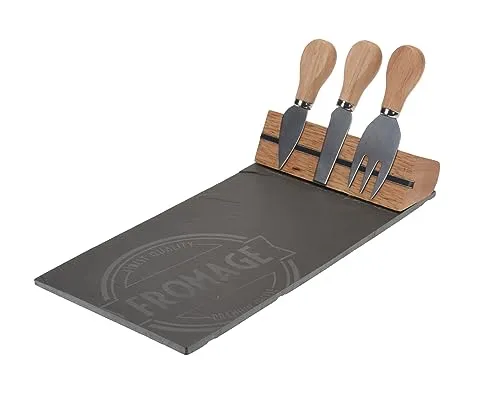 Käseplatte Set aus Schiefer und Bambus 4-teilig - 30 x 15 cm - Servierplatte inklusive Besteck und Magnet Halterung - Schieferplatte Käsebrett Buffet Platte mit Käsemesser lebensmittelecht