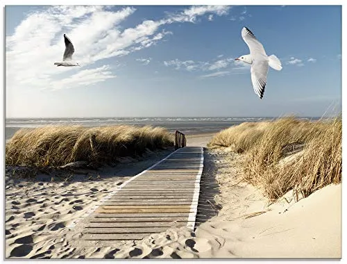 ARTland Wanddeko Glasbilder Wandbild Glas Bild einteilig 60x45 cm Querformat Strand Meer Nordsee Küste Möwen Himmel Steg Natur Landschaft Dünen T9NJ