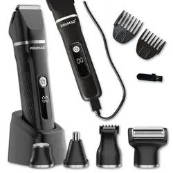 KRUMAD Haarschneidemaschine 6-in-1 IPX7 – Barttrimmer Herren, Elektrorasierer & Nasenhaartrimmer mit LED-Display – 120 Min Laufzeit & 4 Aufsätze