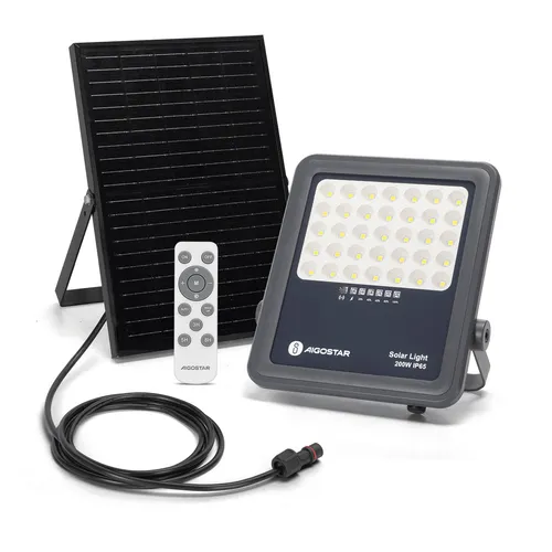 Aigostar 200W Solarstrahler mit Fernbedienung - Außenleuchte mit 2000lm und IP65 Wasserdichtigkeit, ideal für Garten und Terrasse. Effizientes Solarpanel und Fernbedienung für Helligkeitsanpassung und Timer-Funktion.