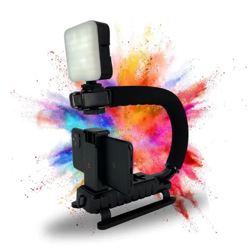 Smartphone Video Rig Stabilizer mit LED Lampe für iPhone - Vielseitiger Handstativ mit 360-Grad-Drehung und Schwenkgriff. Ideal für stabile Videoaufnahmen, passend für alle Smartphones. Maximale Belastbarkeit von 9,5 kg.