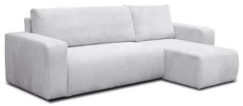 VENASI LUNA Ecksofa mit Schlaffunktion und Bettkasten, Cord Grau - Ecksofa mit praktischer Schlaffunktion (125×200 cm) und integriertem Bettkasten für zusätzlichen Stauraum. Ideal für kleine Räume, vielseitig einsetzbar durch universell montierbare Ottomane.