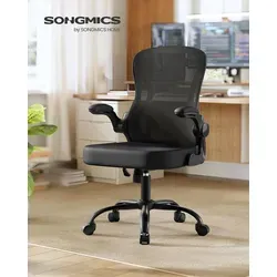 SONGMICS Ergonomischer Bürostuhl mit Lendenstütze und Wippfunktion - Schwarz - Ergonomischer Bürostuhl mit atmungsaktivem Netzbezug, klappbaren Armlehnen und individueller Sitzhöhenverstellung für maximalen Komfort im Arbeitszimmer. Ideal für stundenlanges Sitzen!