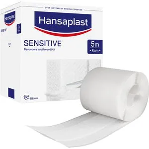 Hansaplast Pflaster Sensitive, 1 Rolle - Atmungsaktiv und Hautfreundlich - Pflaster für Allergiker, 5m x 8cm, sensitiv und latexfrei. Atmungsaktives Material verringert Nässestau und schützt Wunden. Ideal zum individuellen Zuschneiden.