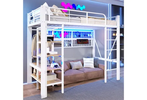 Stilvora Hochbett Weiß, 90x200 cm – Kinder- & Jugendzimmer Möbel - Platzsparendes Hochbett für Kinderzimmer, das Raumhöhe effizient nutzt. Mit Ablagefach, Hängenetz und LED-Lichtleiste bietet es zusätzlichen Stauraum und Ordnung. Stabiler Metallrahmen und MDF für langlebige Nutzung.