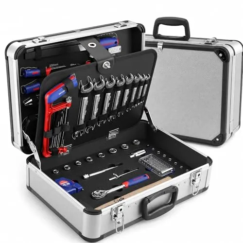 WORKPRO Werkzeugkoffer gefüllt Aluminum Haushalt Werkzeugkiste | Steckschlüssel-Satz Gabelschlüssel Universal Alu Werkzeugkiste 119-teilig