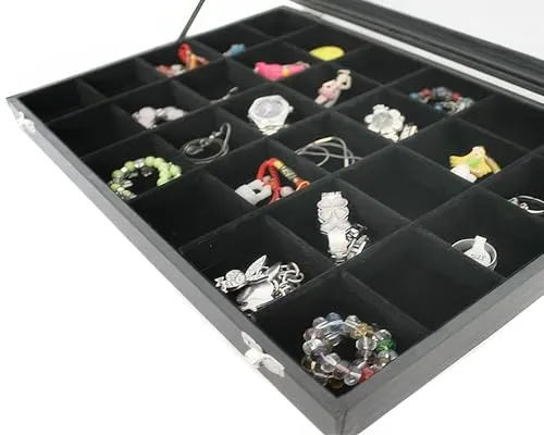 yudu Schmuckkasten Schmucklade Schaukasten Schmuckdisplay mit Glasdeckel schwarz (30 Fächern)