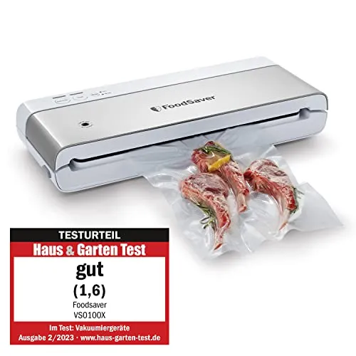 FoodSaver VS0100X Vakuumierer – Silber und Weiß - Vakuumierer für frische Lebensmittel, ideal zur Reduzierung von Abfall und zur Verlängerung der Haltbarkeit von Lebensmitteln.