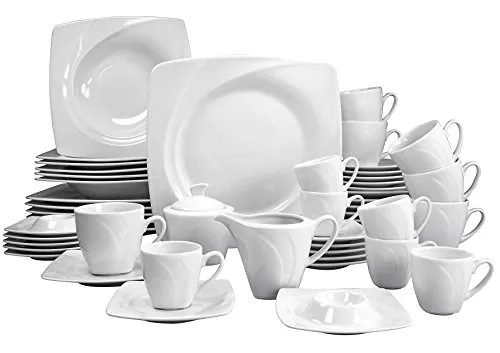 Celebration Weis Kombiservice 50tlg für 6 Personen - Komplett-Service aus modernem, quadratischem Porzellan, mikrowellensicher und spülmaschinenfest – ideal für stilvolle Feierlichkeiten.