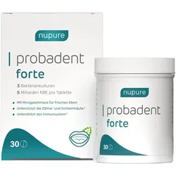 Nupure Probadent Forte 3 Bakterienkulturen 5 Mrd KBE - Arzneimittel zur Unterstützung der Mundflora mit 5 Milliarden KBE aus drei Bakterienstämmen, Biotin und Vitamin D3 für gesunde Zähne und Schleimhäute – erfrischender Pfefferminzgeschmack ohne Zucker.