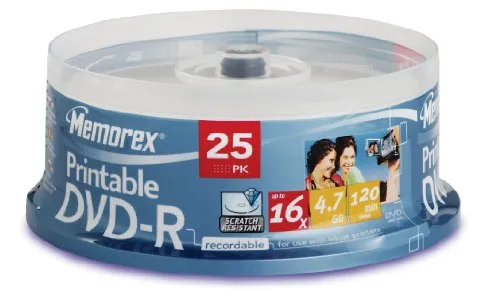Memorex M00587 Bedruckbarer DVD-R Rohling in Cakebox (25 Stück) 16x Speed INKJET PRINTABLE