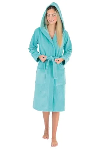 Wewo fashion Damenbademantel 4110 - Bademantel in Midilänge aus einem bequemen Baumwoll-Mix, mit Kapuze und Gürtel, perfekt für gemütliche Abende zuhause.